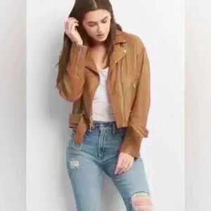 Gap Tan leather moto cropped jacket XS